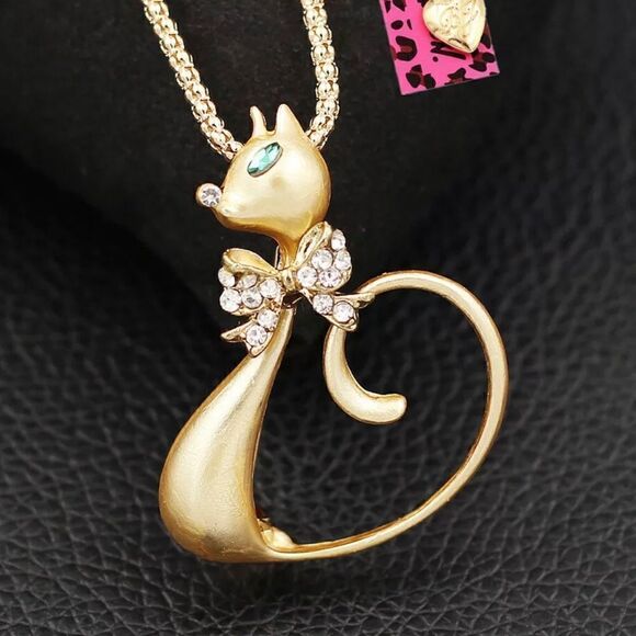 Enamel Crystal Bowknot Cat Kitten Pendant Chain Necklace/Brooch NWOT - Picture 1 of 2